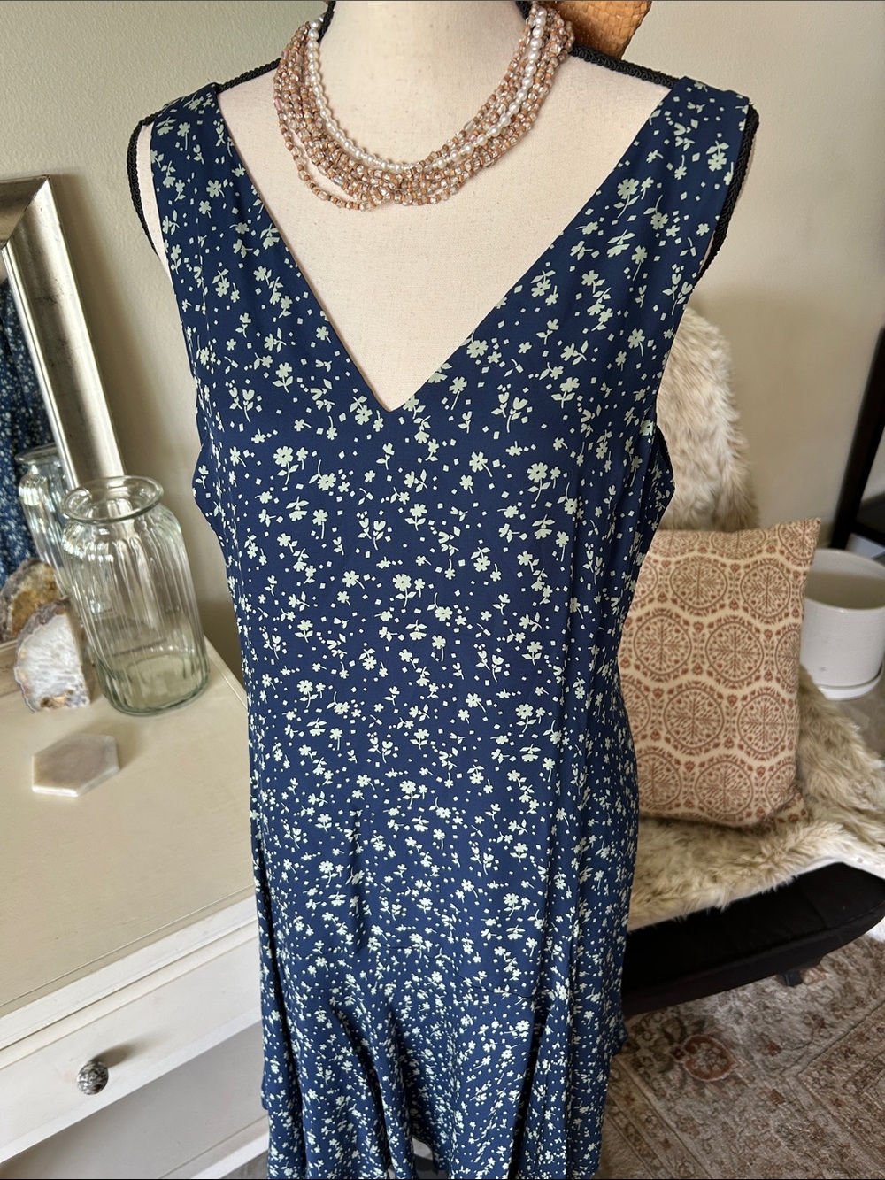 Polo Ralph Lauren blue floral silk v neck sleeveless handkerchief, midi dress 8 - Picture 2 of 13